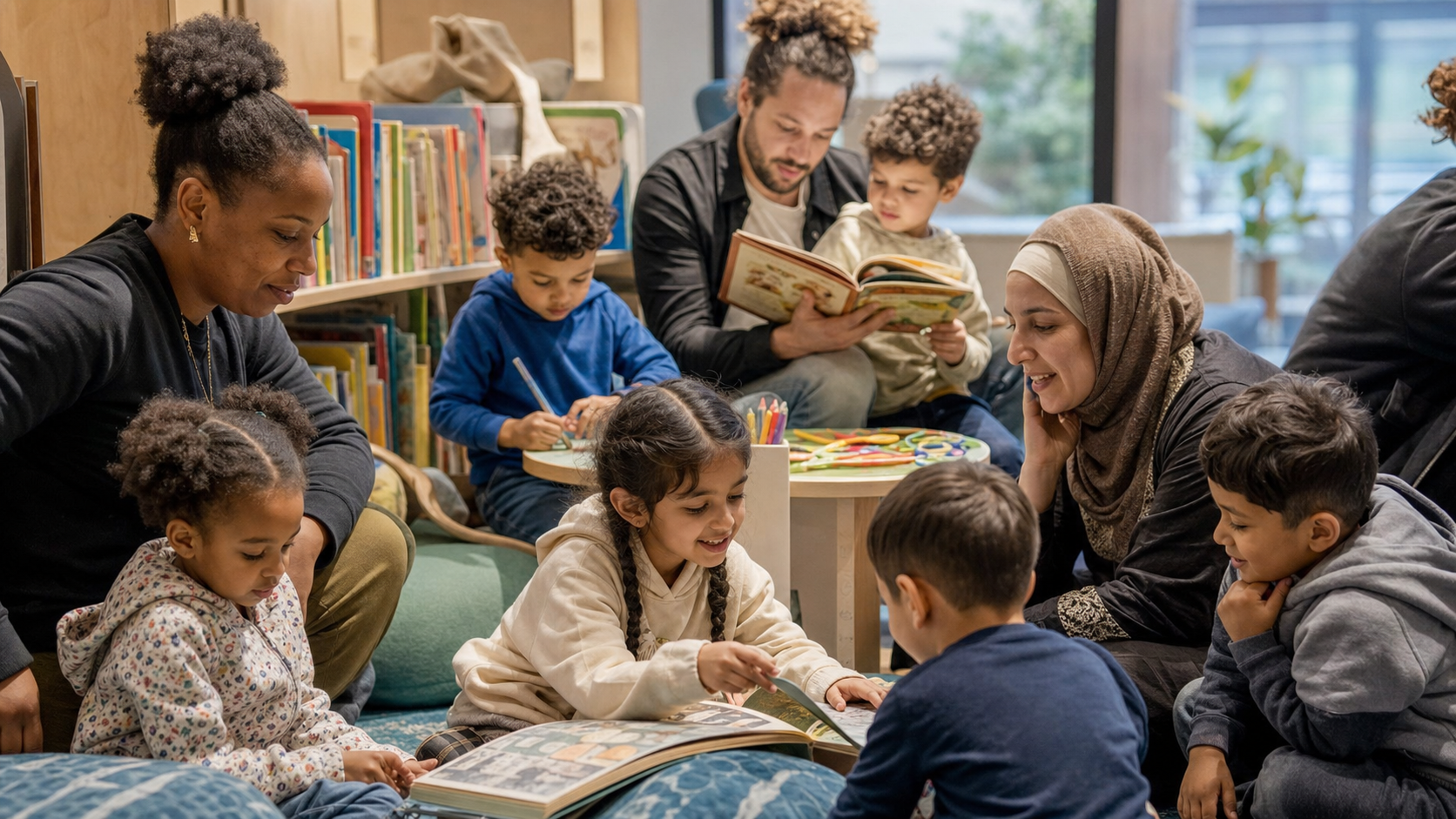 Children, parents and a community educator sharing books and creative activities in a family learning centre.