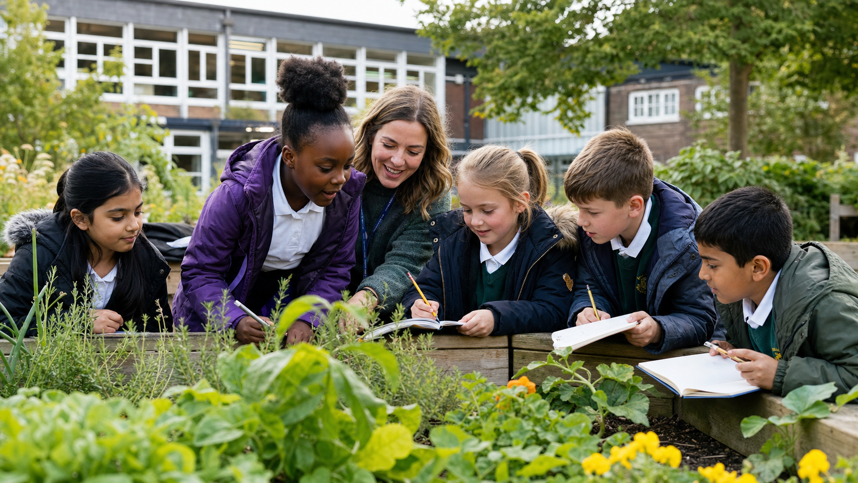 Primary-age children learning together with their teacher in a school garden.