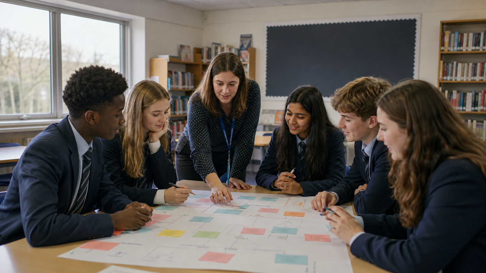 Secondary-age pupils and a teacher mapping ideas together in a school library.