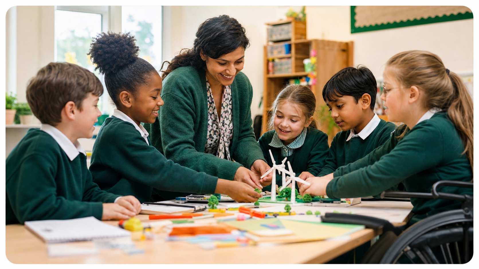 Children and their teacher working together on an inclusive classroom project