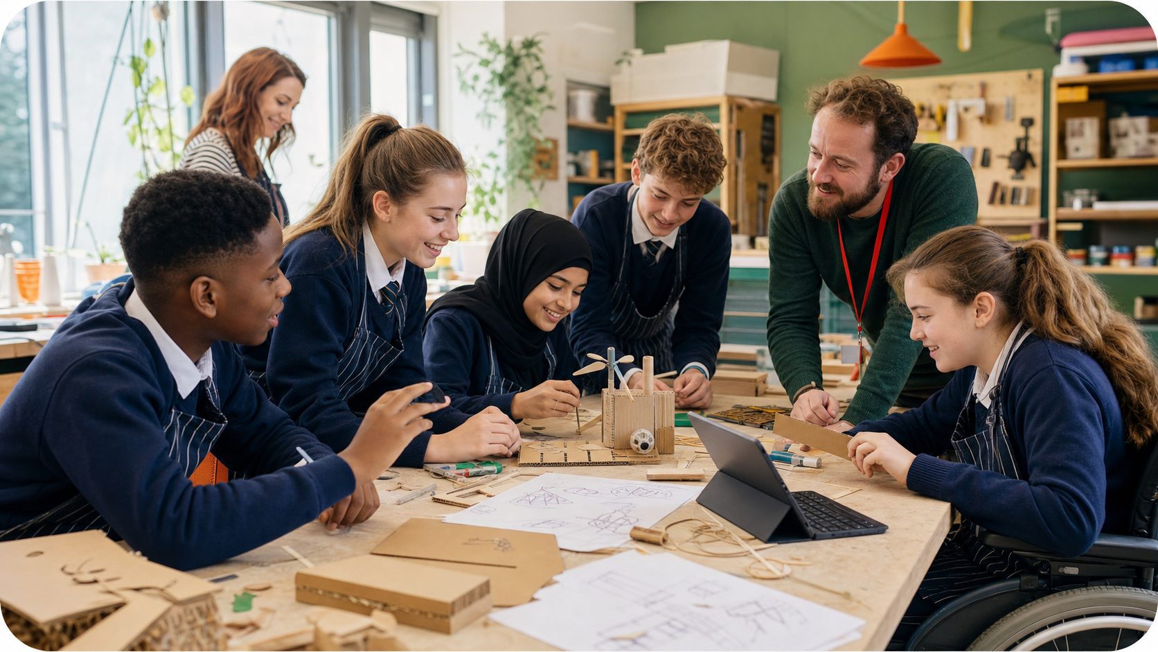 Secondary pupils collaborating with educators on a practical design project