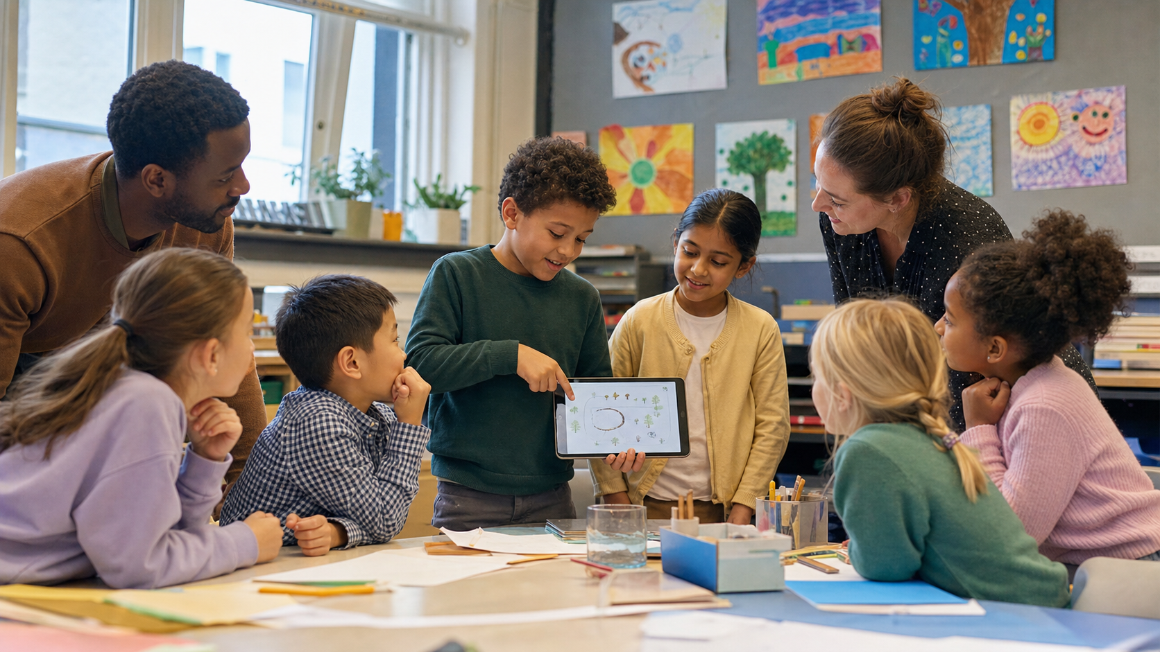 Children learning together in a creative classroom with supportive adults.