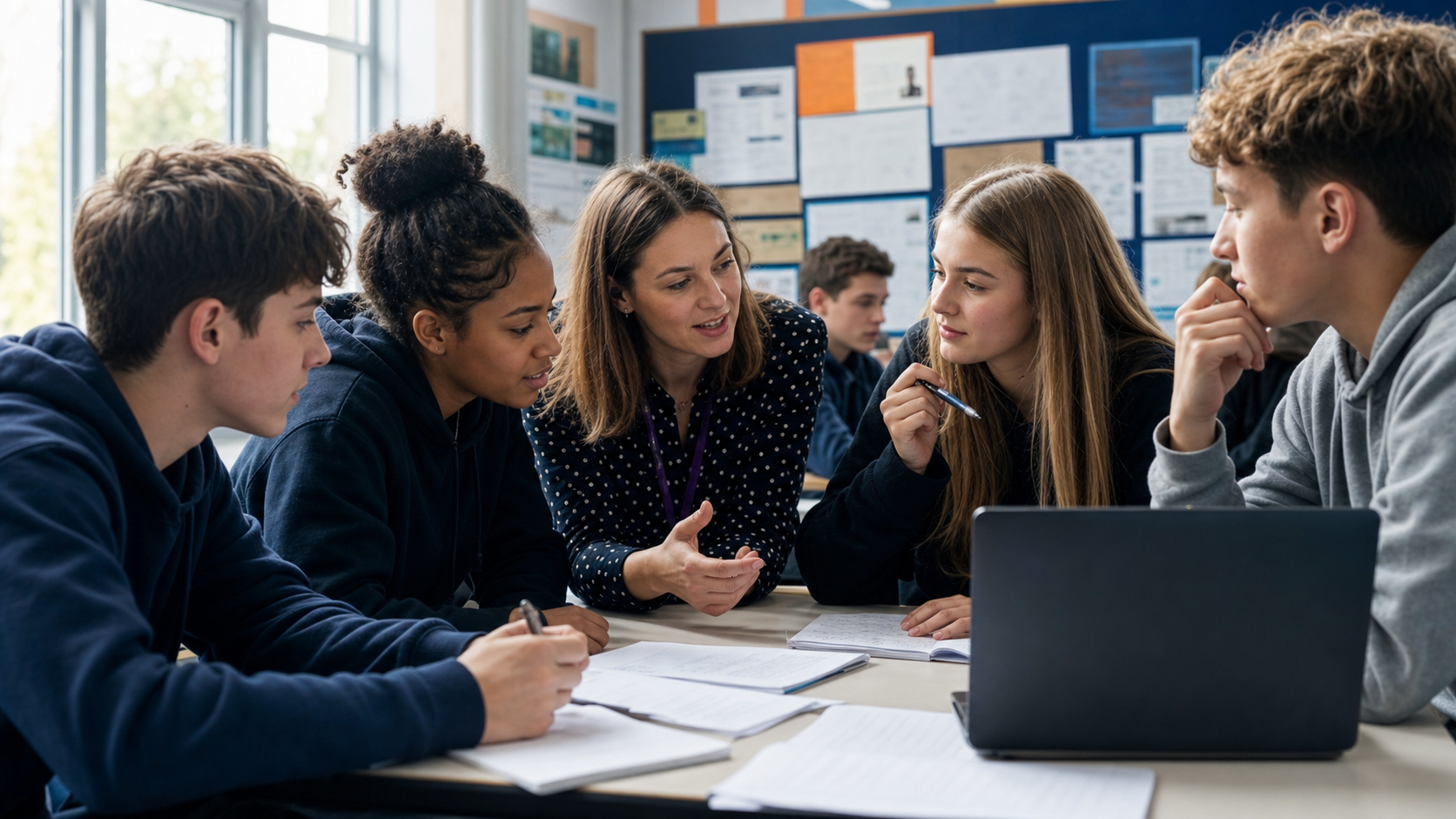 A teacher supporting a diverse group of secondary-age pupils during a collaborative classroom research activity.